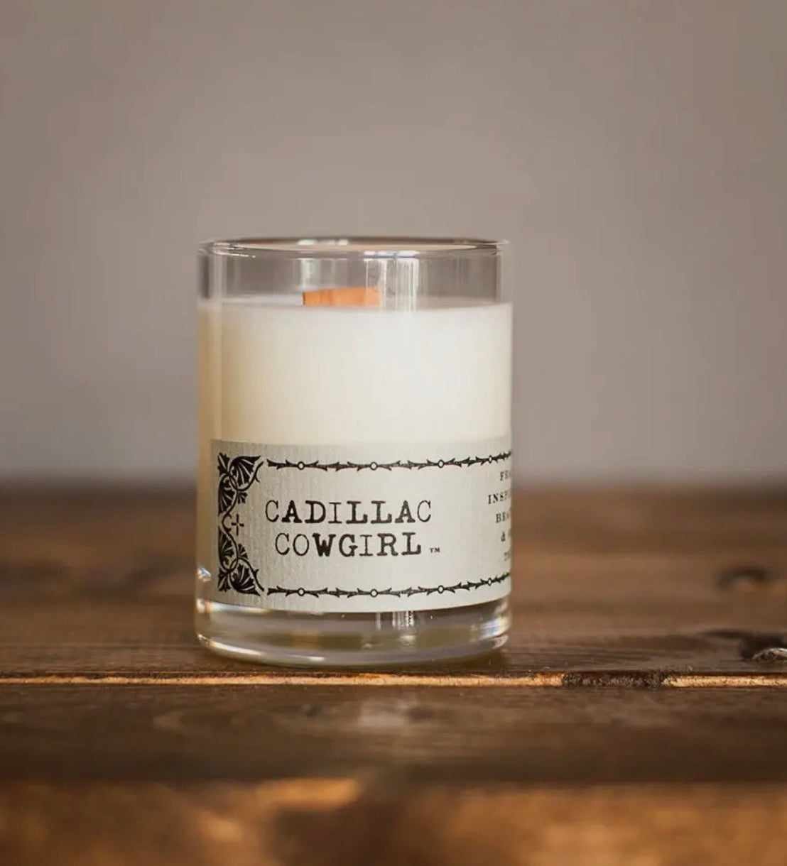 Cadillac cowgirl shot glass candle