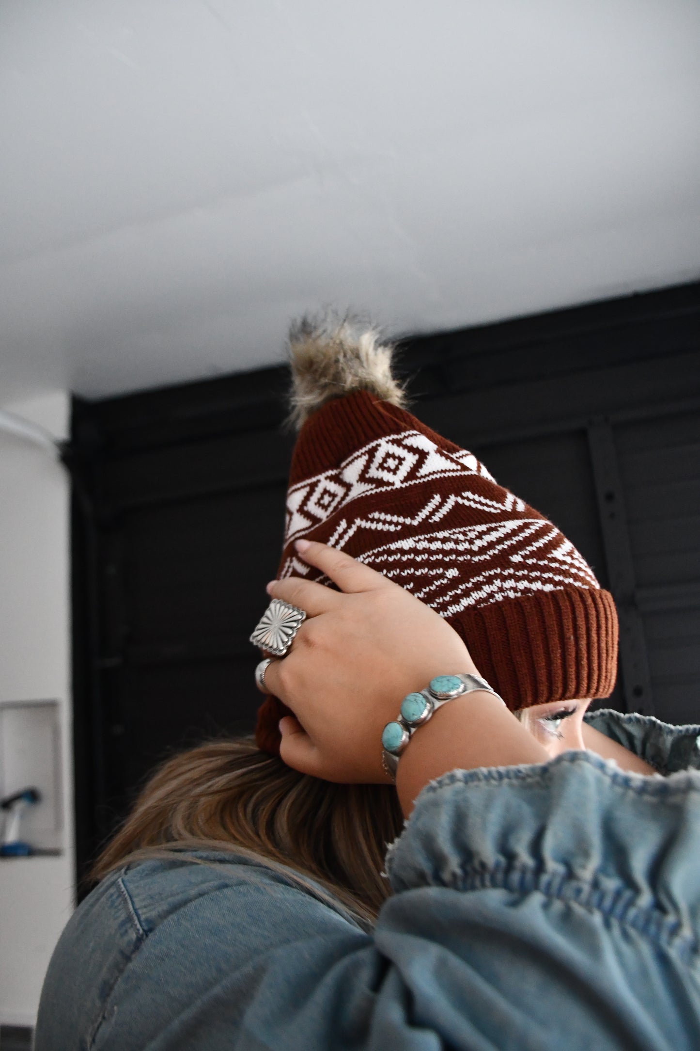 aztec pom beanie